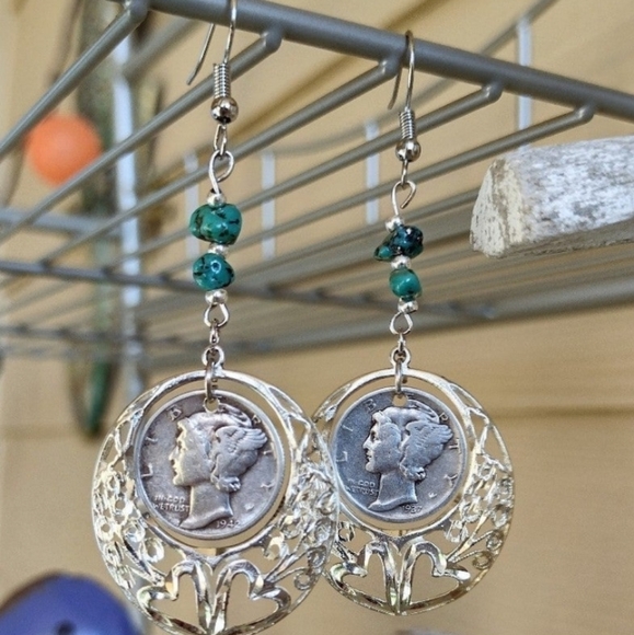 Sale! New Vintage Mercury Dime Silver Double Heart Turquoise Drop hook Earrings - Picture 1 of 12